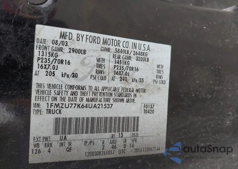 2004 Ford Explorer Sport Trac Adrenalin/Xls/Xlt из США, поврежденный, VIN 1FMZU77K64UA21537